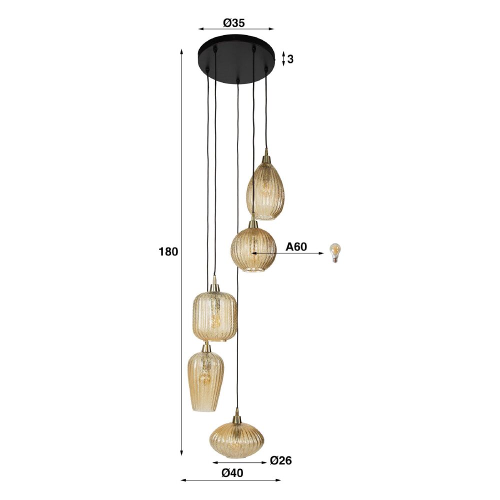 Milo getrapte 5-lichts hanglamp amberglas afbeelding 2