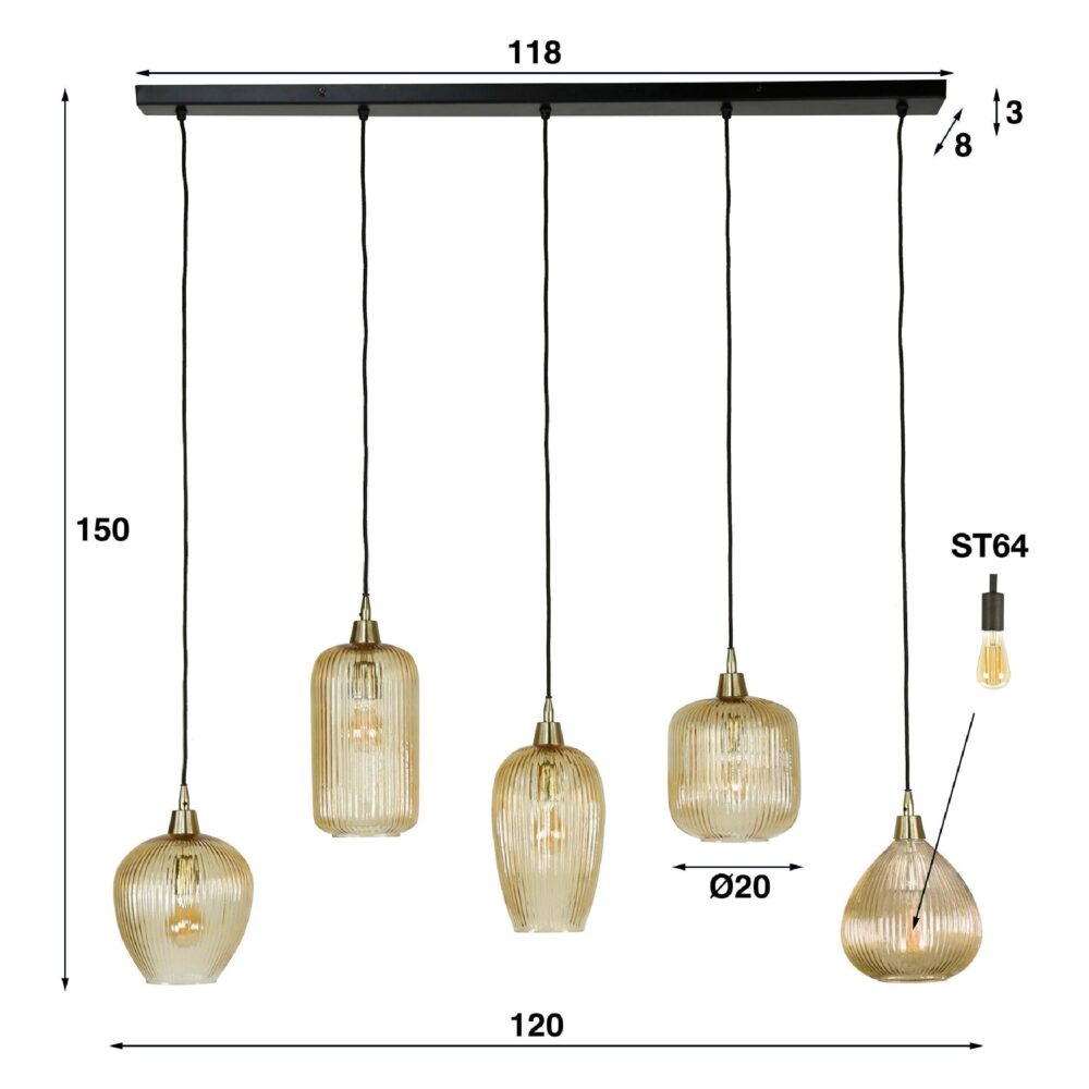 Elian amber glazen eettafellamp 5-lichts afbeelding 2