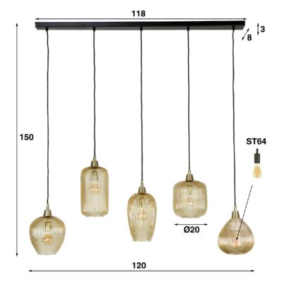 Elian amber glazen eettafellamp 5-lichts afbeelding 2