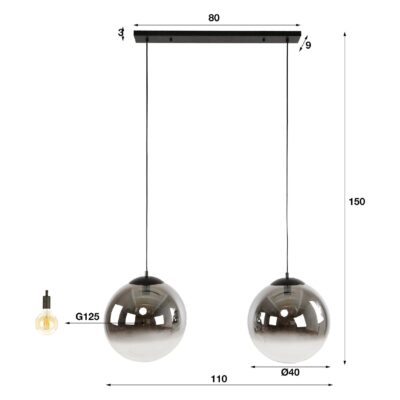 Tivo 2-lichts zwarte rookglas hanglamp afbeelding 2