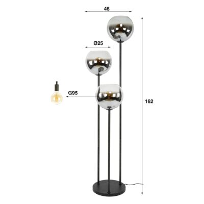 Tivo zwarte 3-lichts vloerlamp met rookglas bollen afbeelding 2
