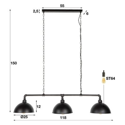 industriële 3-lichts hanglamp zwart afbeelding 2