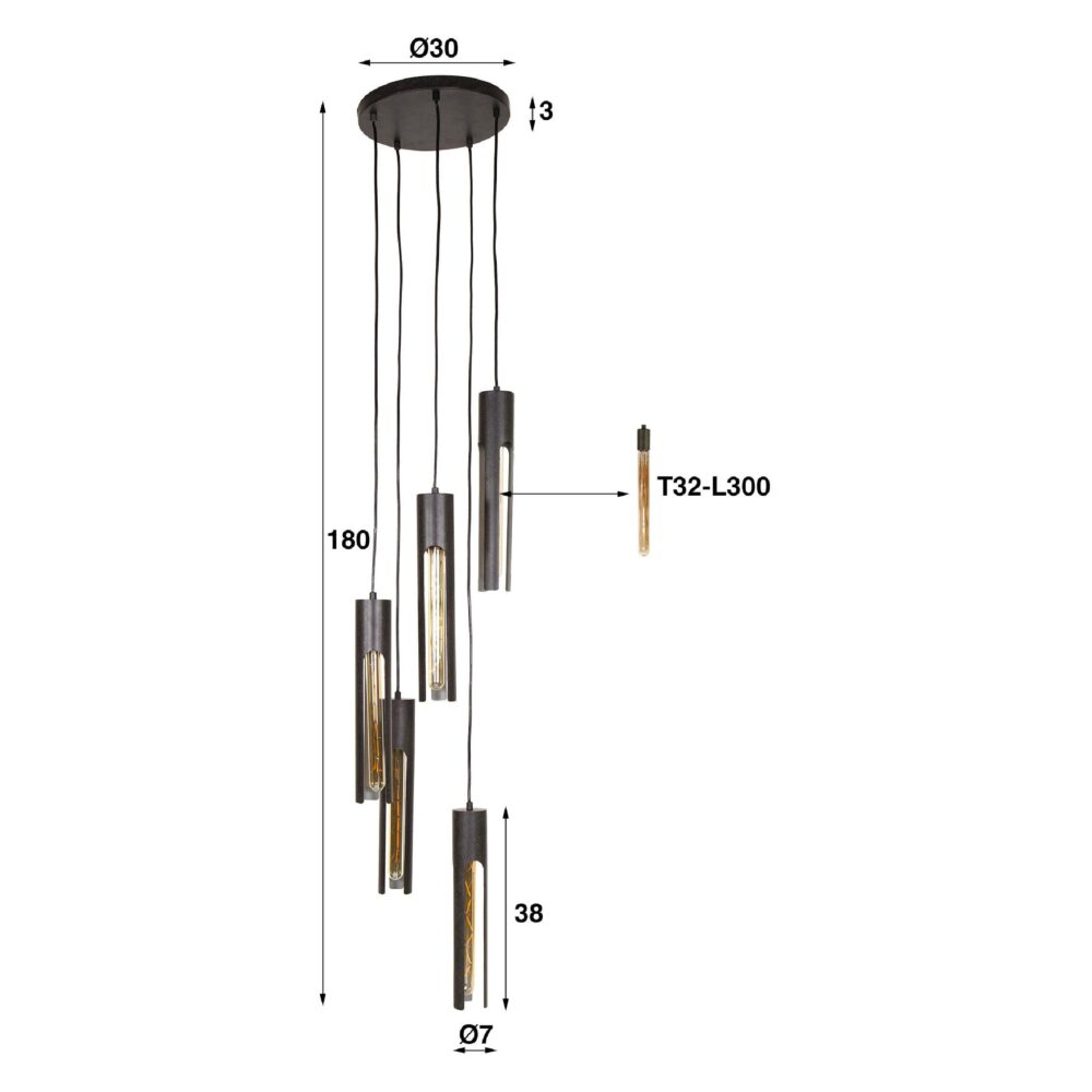 Evian 5-lichts buisvormige hanglamp zwart afbeelding 2