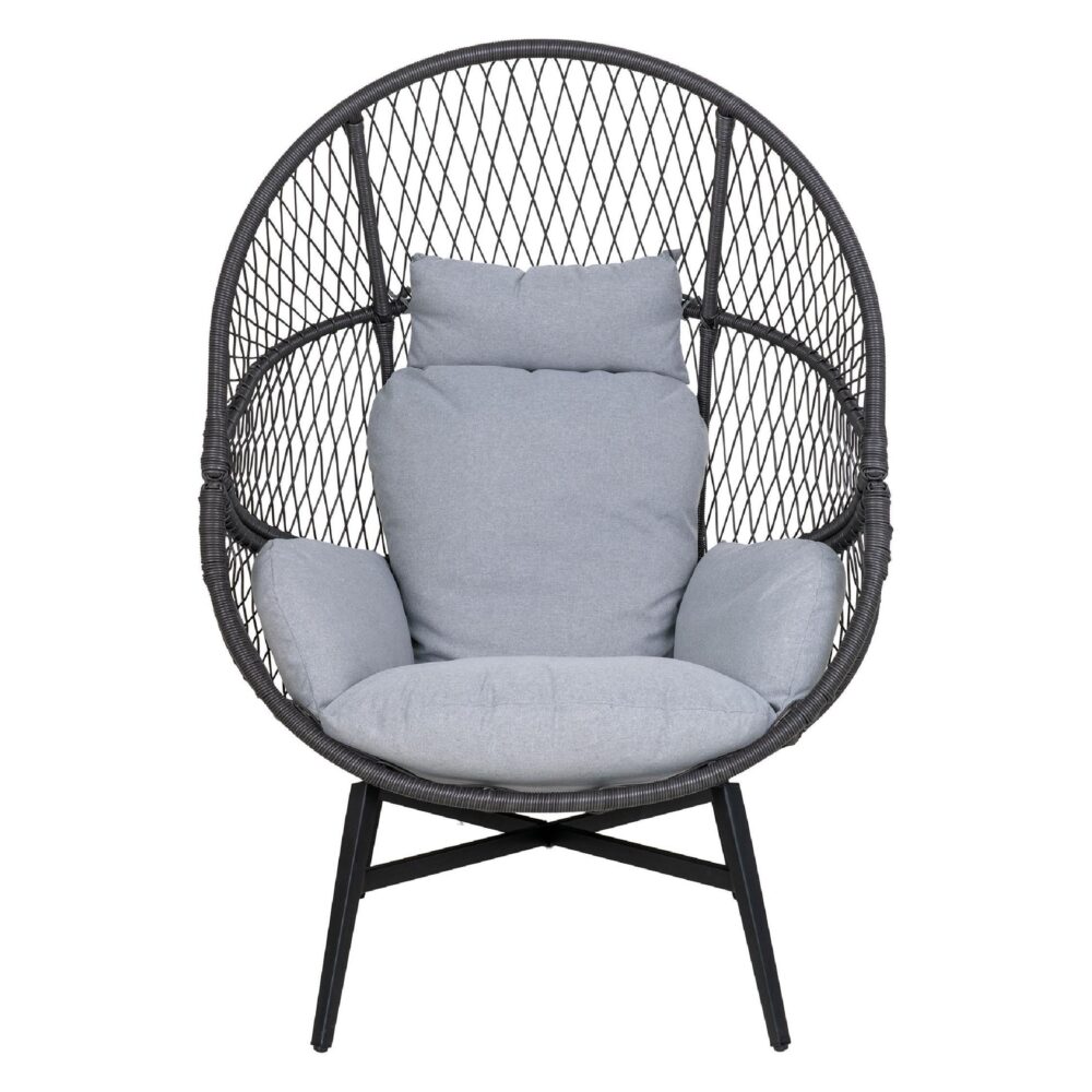 zwarte polyrotan loungestoel buiten met kussens afbeelding 2