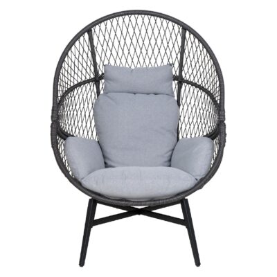 zwarte polyrotan loungestoel buiten met kussens afbeelding 2