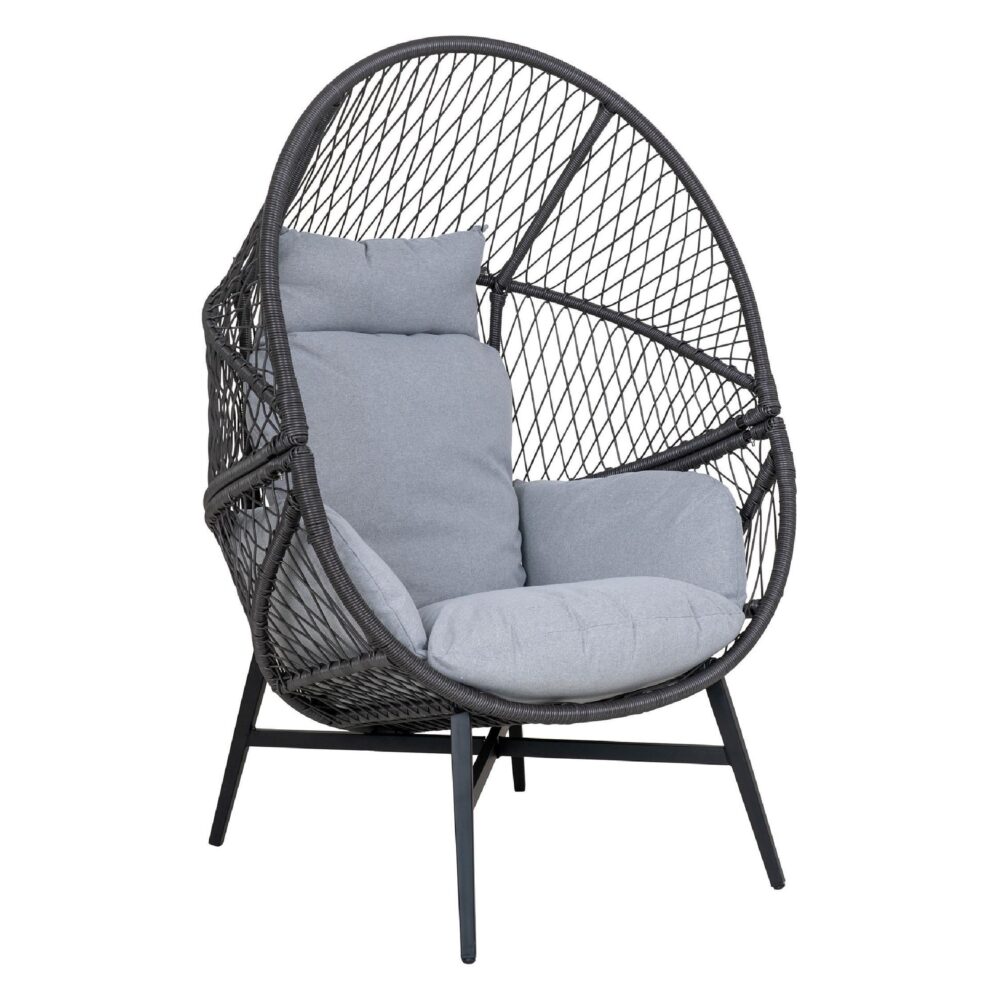 zwarte polyrotan loungestoel buiten met kussens afbeelding 1