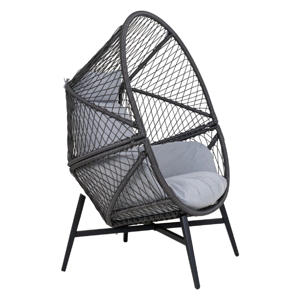 zwarte polyrotan loungestoel buiten met kussens afbeelding 3