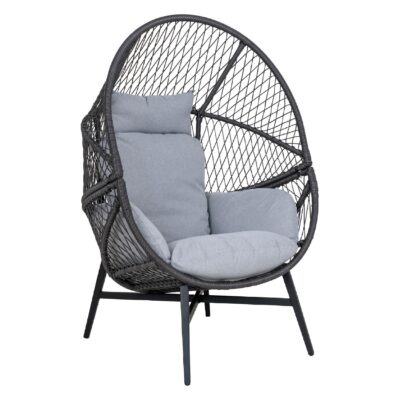 zwarte polyrotan loungestoel buiten met kussens afbeelding 1