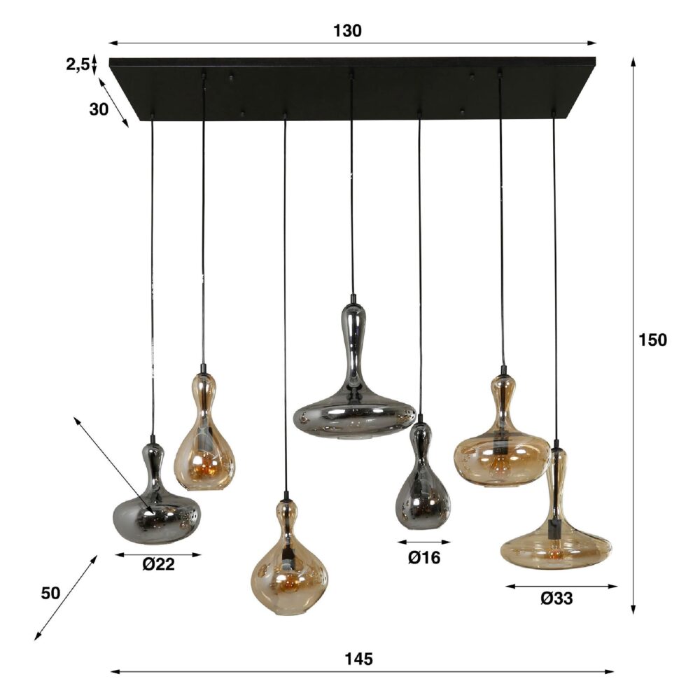 industriële 7-lichts glazen hanglamp zwart afbeelding 2