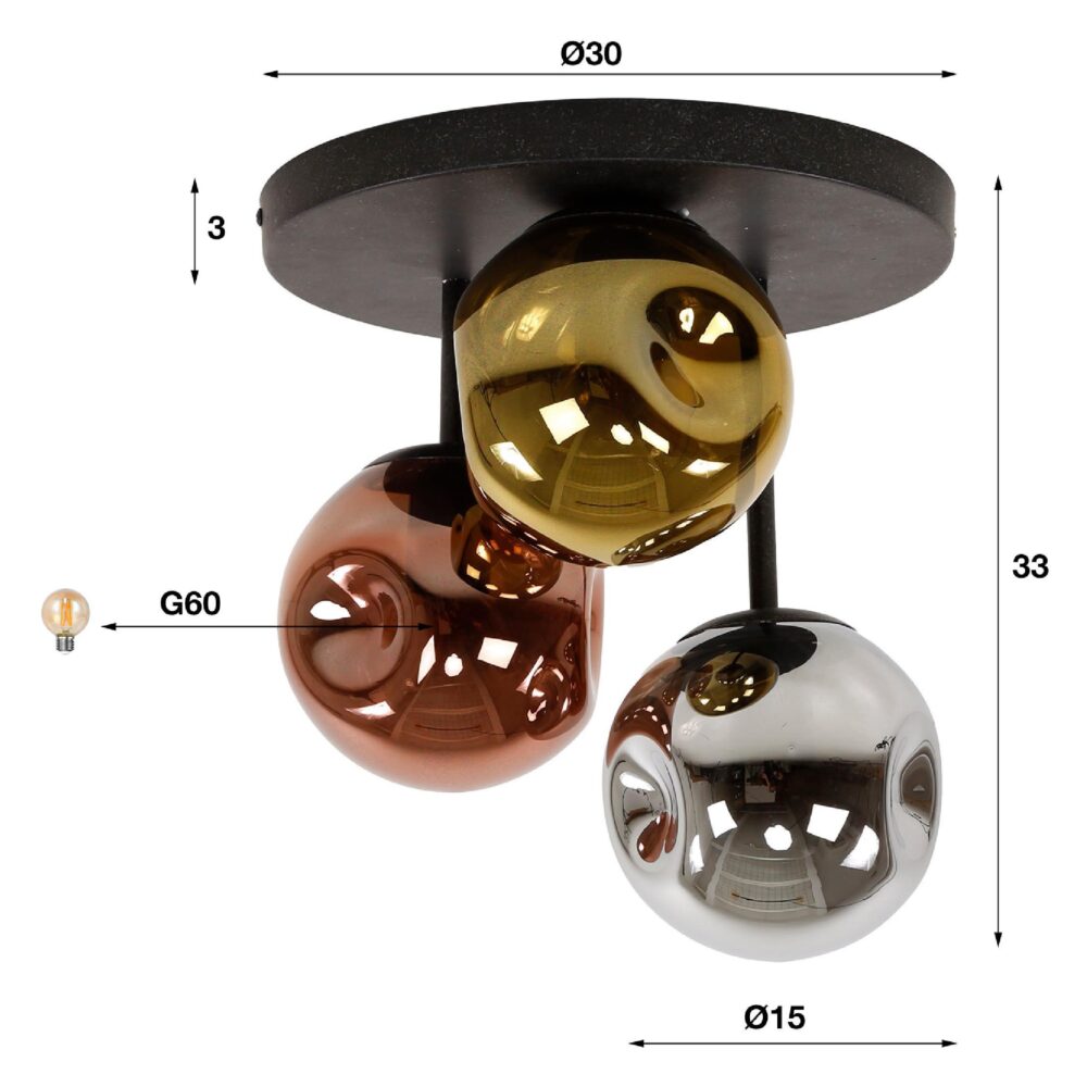 Rina zwarte 3-lichts plafondlamp met glazen bollen afbeelding 2