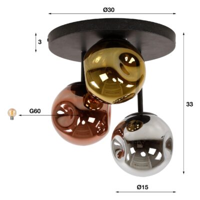 Rina zwarte 3-lichts plafondlamp met glazen bollen afbeelding 2