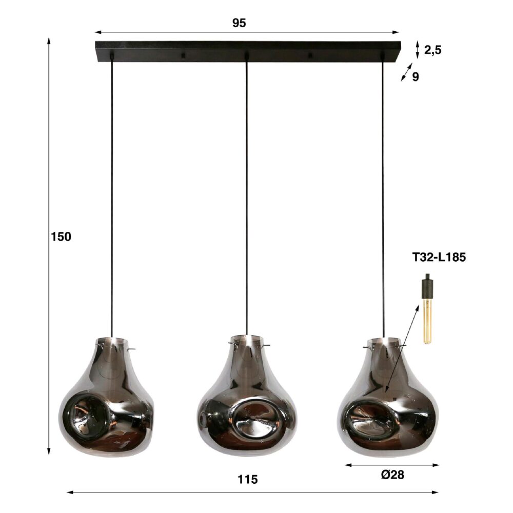 3-lichts glazen hanglamp zwart afbeelding 2