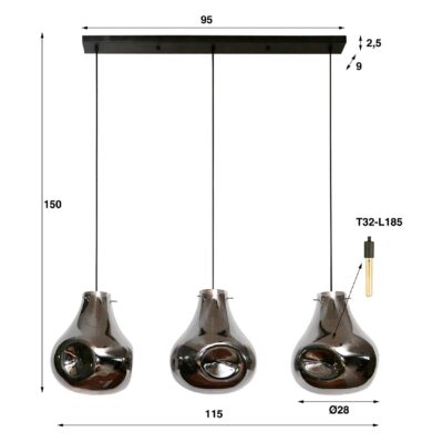 3-lichts glazen hanglamp zwart afbeelding 2