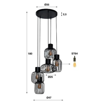 industriële hanglamp 5-lichts charcoal afbeelding 2