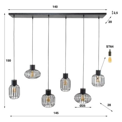 charcoal 6-lichts industriële hanglamp eetkamer afbeelding 2