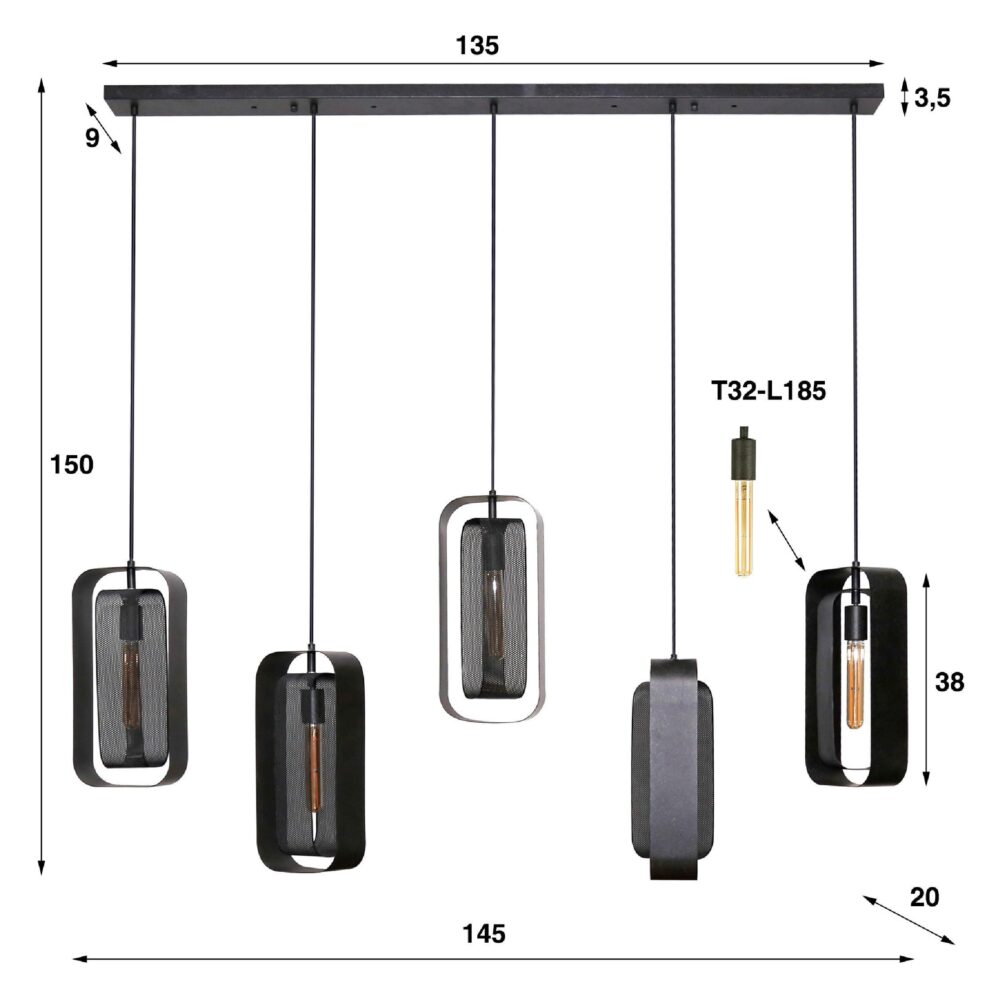 Tayla zwarte industriële hanglamp 5-lichts afbeelding 2
