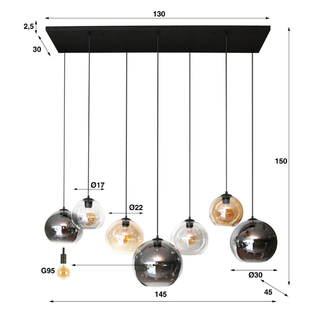 Lani 7-lichts glazen globe hanglamp zwart afbeelding 2