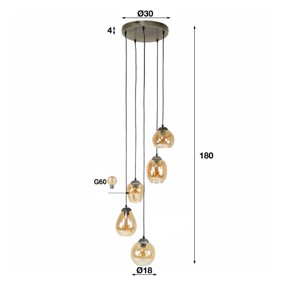 Riko 5-lichts amber hanglamp afbeelding 2