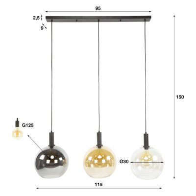 Siva 3-lichts bolvormige hanglamp zwart afbeelding 2