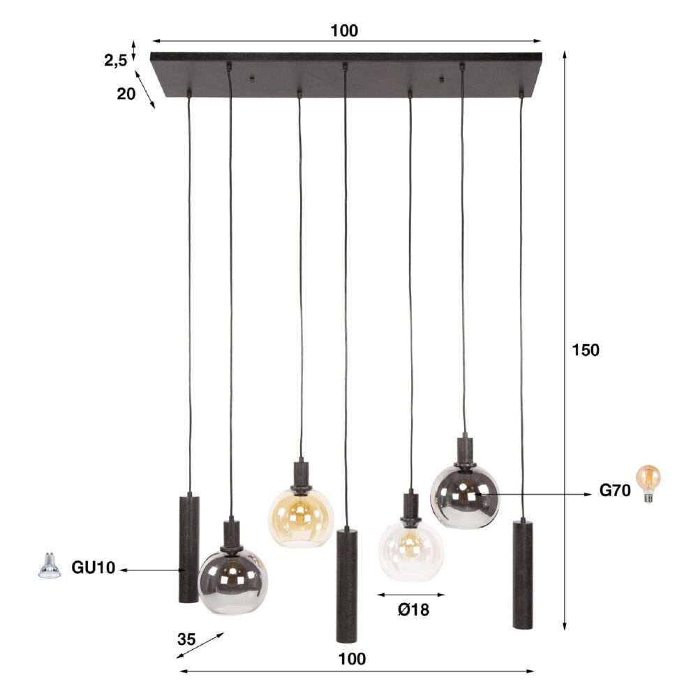Siva 7-lichts zwarte design hanglamp afbeelding 2