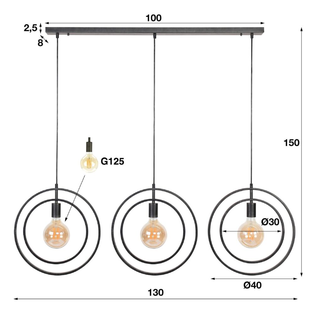 Davio 3-lichts hanglamp eettafel charcoal afbeelding 3