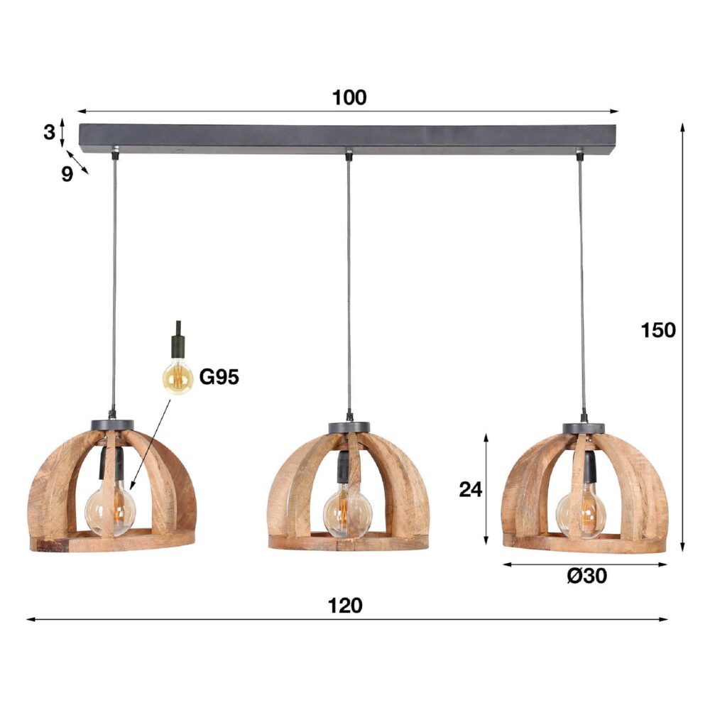 Lenrik mangohouten 3-lichts hanglamp eetkamer afbeelding 2