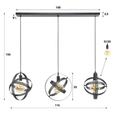 Ruvo zwarte 3-lichts hanglamp afbeelding 1