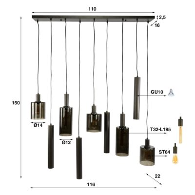Vara 9-lichts hanglamp donkerbruin afbeelding 2