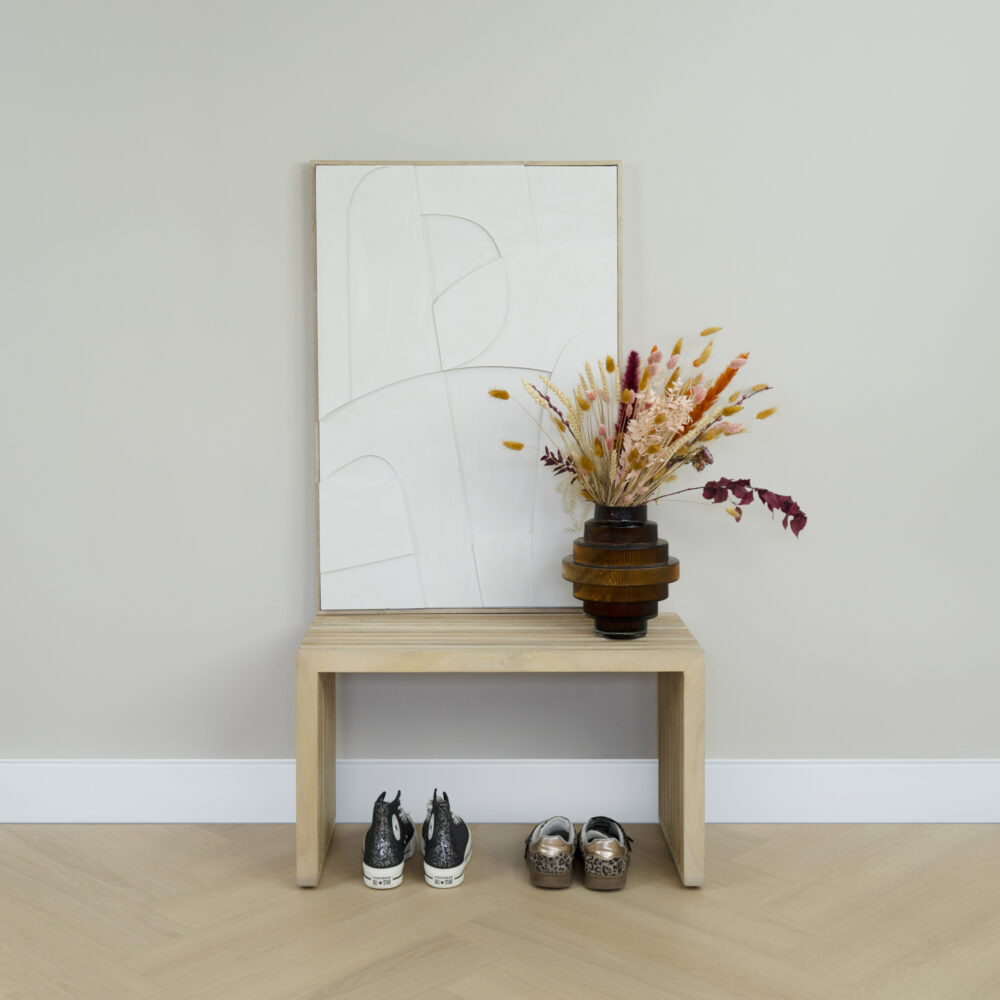 Halbankje, houten schoenenbankje, schoenenbankje, halbankje hout, schoenenbank, bankje,