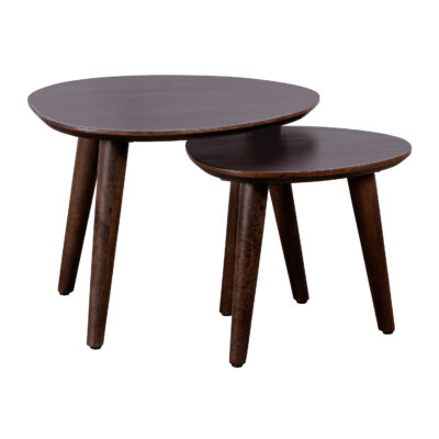 Lela salontafels, mangohouten salontafel, salontafels in driehoekige vorm, salontafeltjes, salontafel set van mangohout, tafels, twee driehoekige tafeltjes, salontafel set van 2,