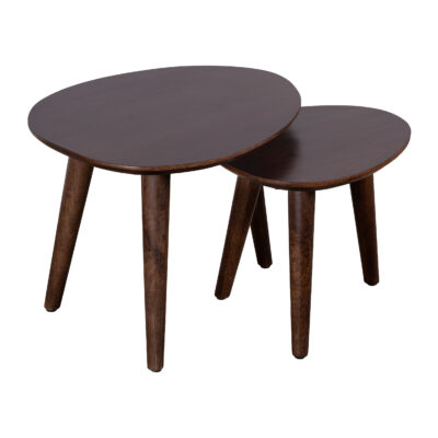 Lela salontafels, mangohouten salontafel, salontafels in driehoekige vorm, salontafeltjes, salontafel set van mangohout, tafels, twee driehoekige tafeltjes, salontafel set van 2,