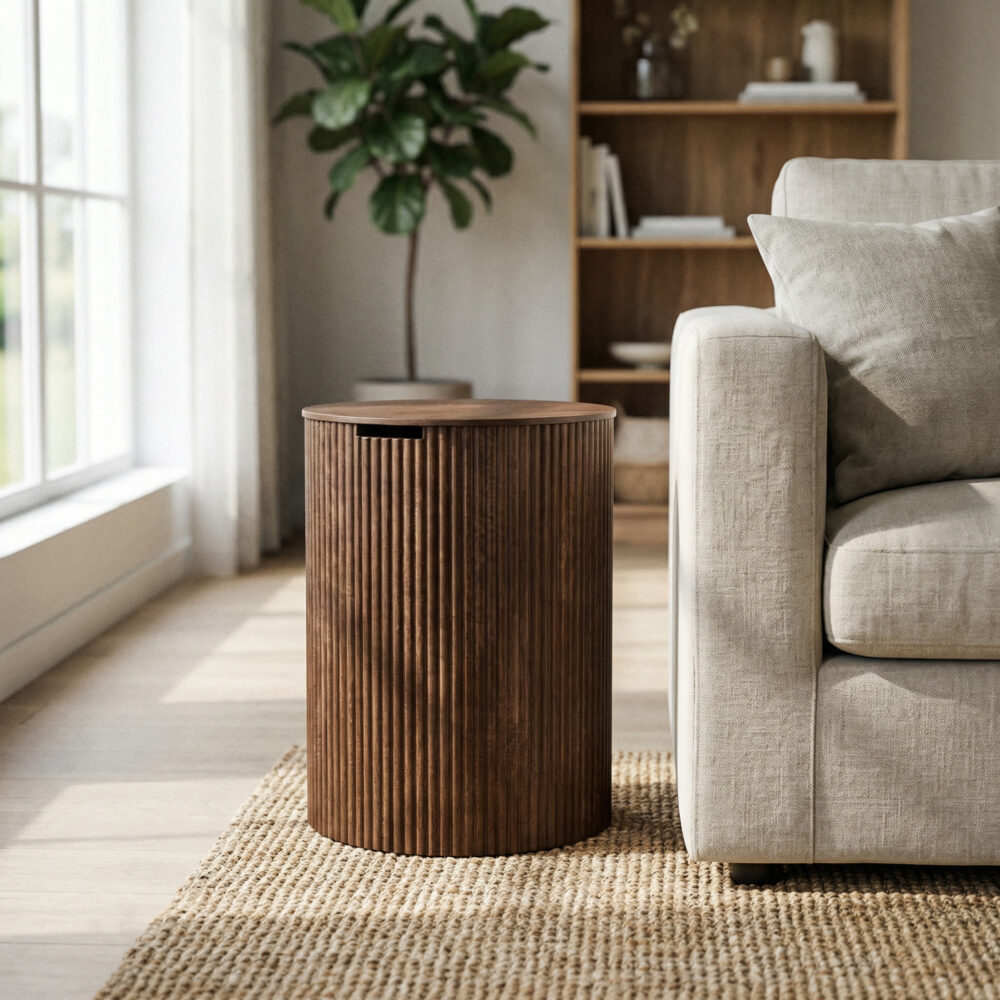 Moderne woonkamer met ronde houten bijzettafel met verticale latjes naast een beige bank