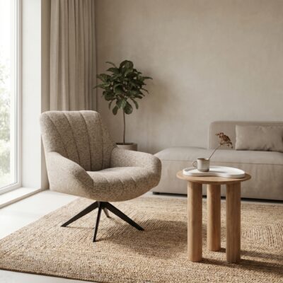 Japandi woonkamer met beige fauteuil, ronde houten bijzettafel, lichte bank en groene plant