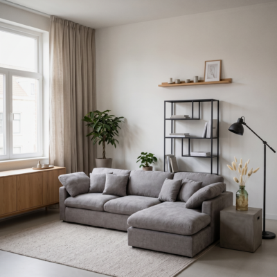Industriële woonkamer met grijze hoekbank, zwarte boekenkast, houten dressoir, planten en vloerlamp