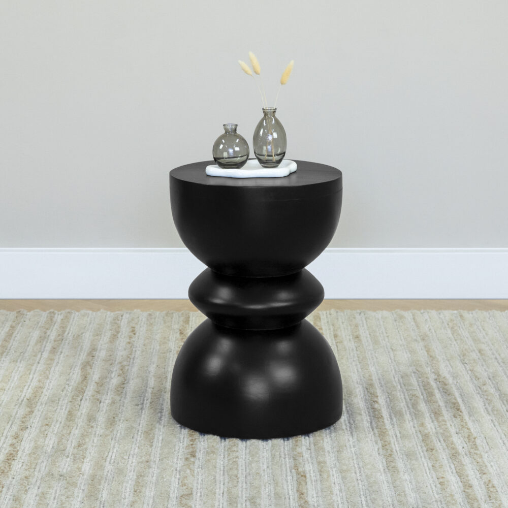 Zwarte ronde bijzettafel, tafel, zwarte bijzettafel, bijzettafel hout, bijzettafel rond, Zwarte ronde bijzettafel van mangohout, tafeltje, bijzettafel Luis, bijzettafel, bijzettafeltje,