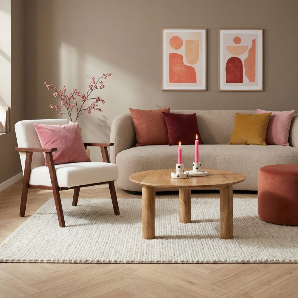 Lichte woonkamer met ronde houten salontafel, beige bank, fauteuil en kleurrijke sierkussens