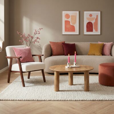 Lichte woonkamer met ronde houten salontafel, beige bank, fauteuil en kleurrijke sierkussens