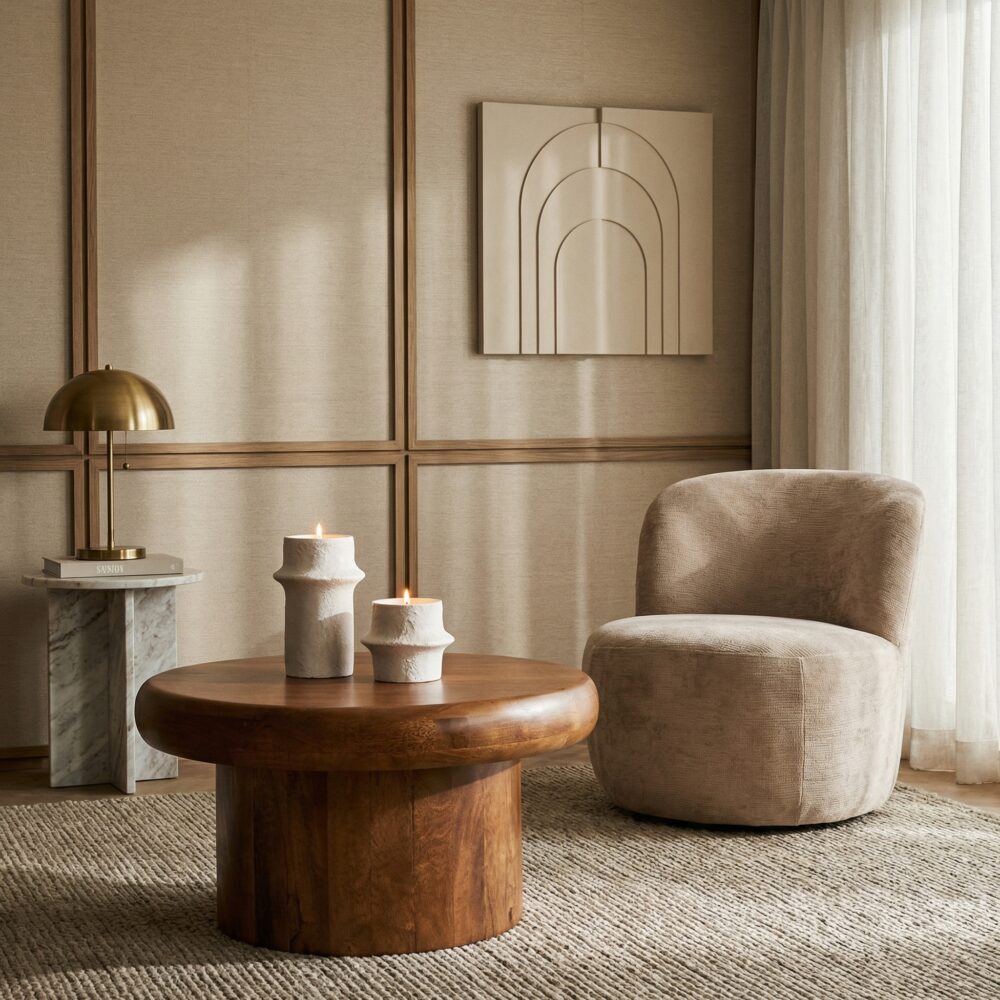 Japandi woonkamer met ronde houten salontafel, beige loungestoel, marmeren bijzettafel en gouden tafellamp