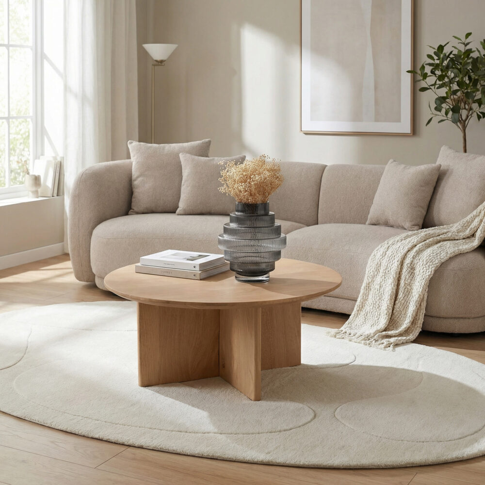 Lichte woonkamer met ronde houten salontafel, beige hoekbank en donkere vaas met droogbloemen