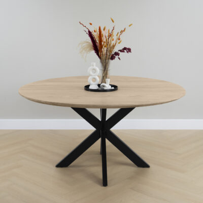 ronde eettafel, eettafel Sofia, eettafel, eettafel rond, tafel, eettafel 150 cm, ronde eettafel van mangohout, ronde eettafel van mangohout met een x-poot,