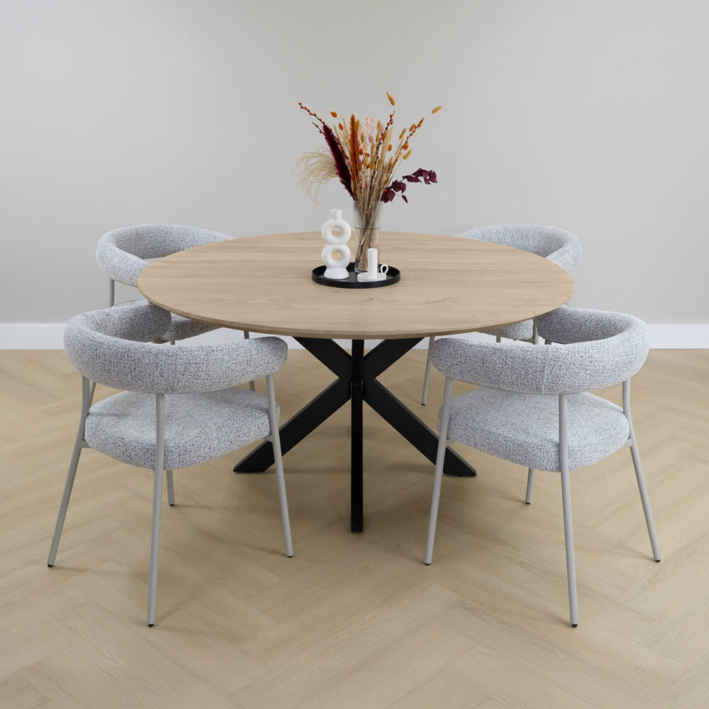 ronde eettafel, eettafel Sofia, eettafel, eettafel rond, tafel, eettafel 150 cm, ronde eettafel van mangohout, ronde eettafel van mangohout met een x-poot,