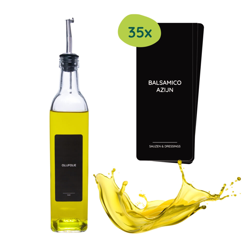 zwarte labels, zwarte labels voor olie, sauzen en dressings, labels, zwarte olie en saus labels, stickers, set