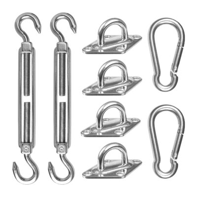 ophangset voor schaduwdoek, bevestigingsmaterialen, bevestigingsset, RVS M8 spanschroeven en haken, ophangset voor zonnedoek, schaduwdoek bevestigingshaken M8, RVS bevestigingsmateriaal, bevestigingsset voor schaduwdoek,