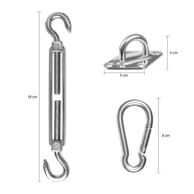 ophangset voor schaduwdoek, bevestigingsmaterialen, bevestigingsset, RVS M8 spanschroeven en haken, ophangset voor zonnedoek, schaduwdoek bevestigingshaken M8, RVS bevestigingsmateriaal, bevestigingsset voor schaduwdoek,