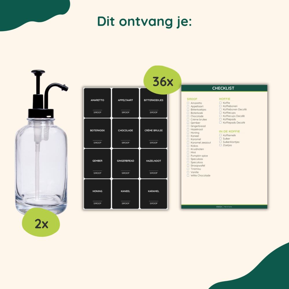set van 2 siroopflessen, siroop dispensers, siroopdispenser pomp, glazen flessen, 2 glazen siroopflessen, set van 2 siroopflessen inclusief zwarte labels, Set van 2 flessen, Set van 2 flessen van 500ml,