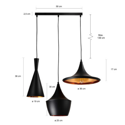 QUVIO Hanglamp 3-lichts verschillende kappen - QUV5059L-BLACK_afb3