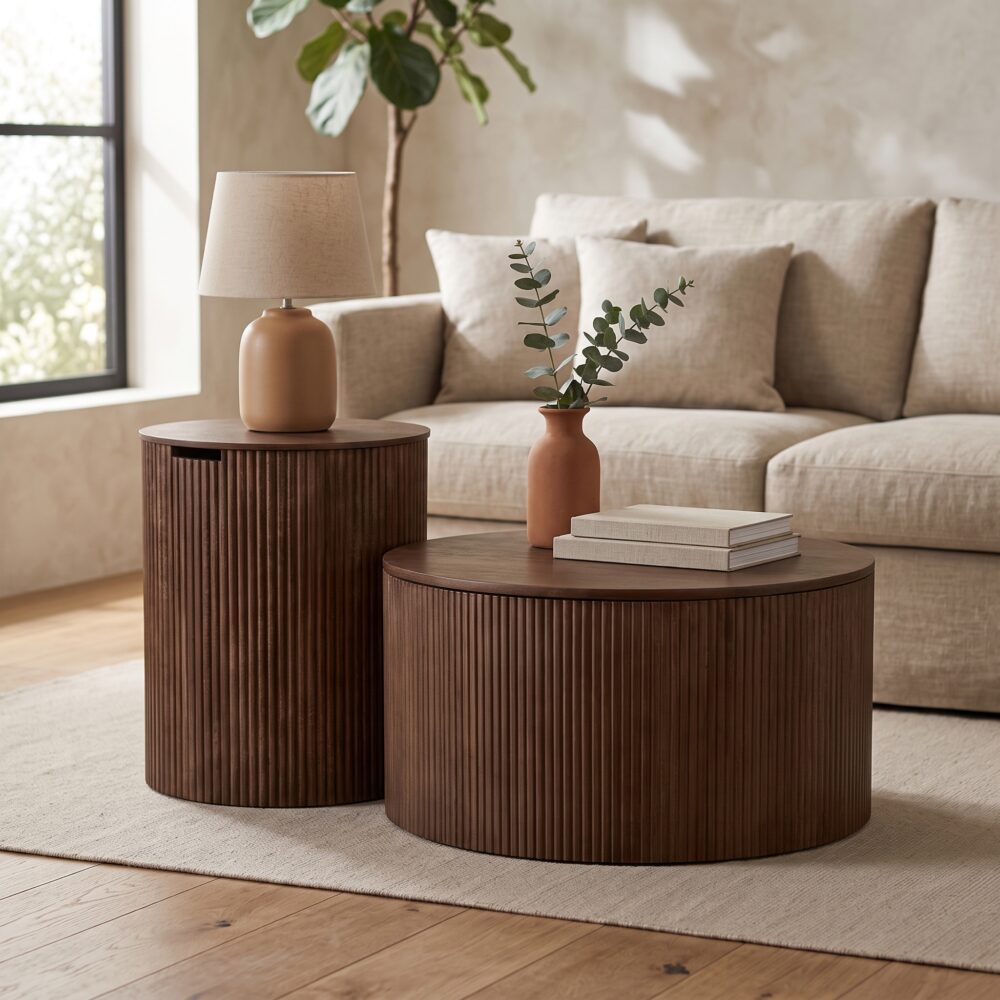 Donkerbruine salontafelset met verticale lattenstructuur, tafellamp, vaas en boeken voor een beige bank