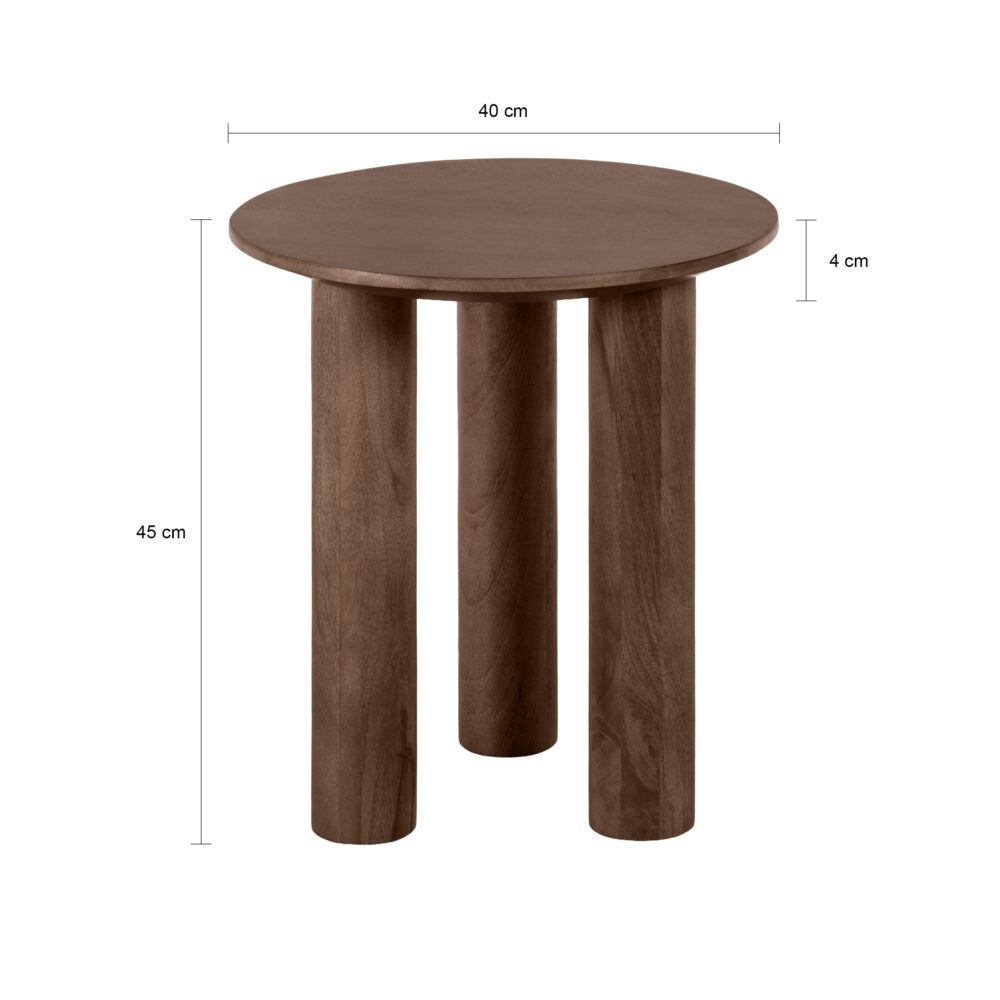 bijzettafel van mangohout, Bruine bijzettafel, bijzettafel Lian, bruine ronde bijzettafel, bijzettafel, ronde bijzettafel, tafel, houten bijzettafel,