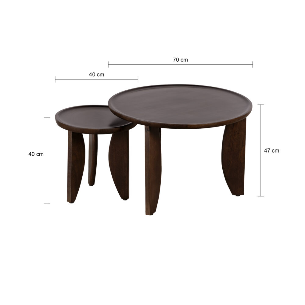 walnoot bruine salontafel set Luuk, salontafel set van 2, salontafel set, twee ronde salontafels, tafels, salontafels Luuk, twee ronde tafels, kleine tafel, set, grote tafel,