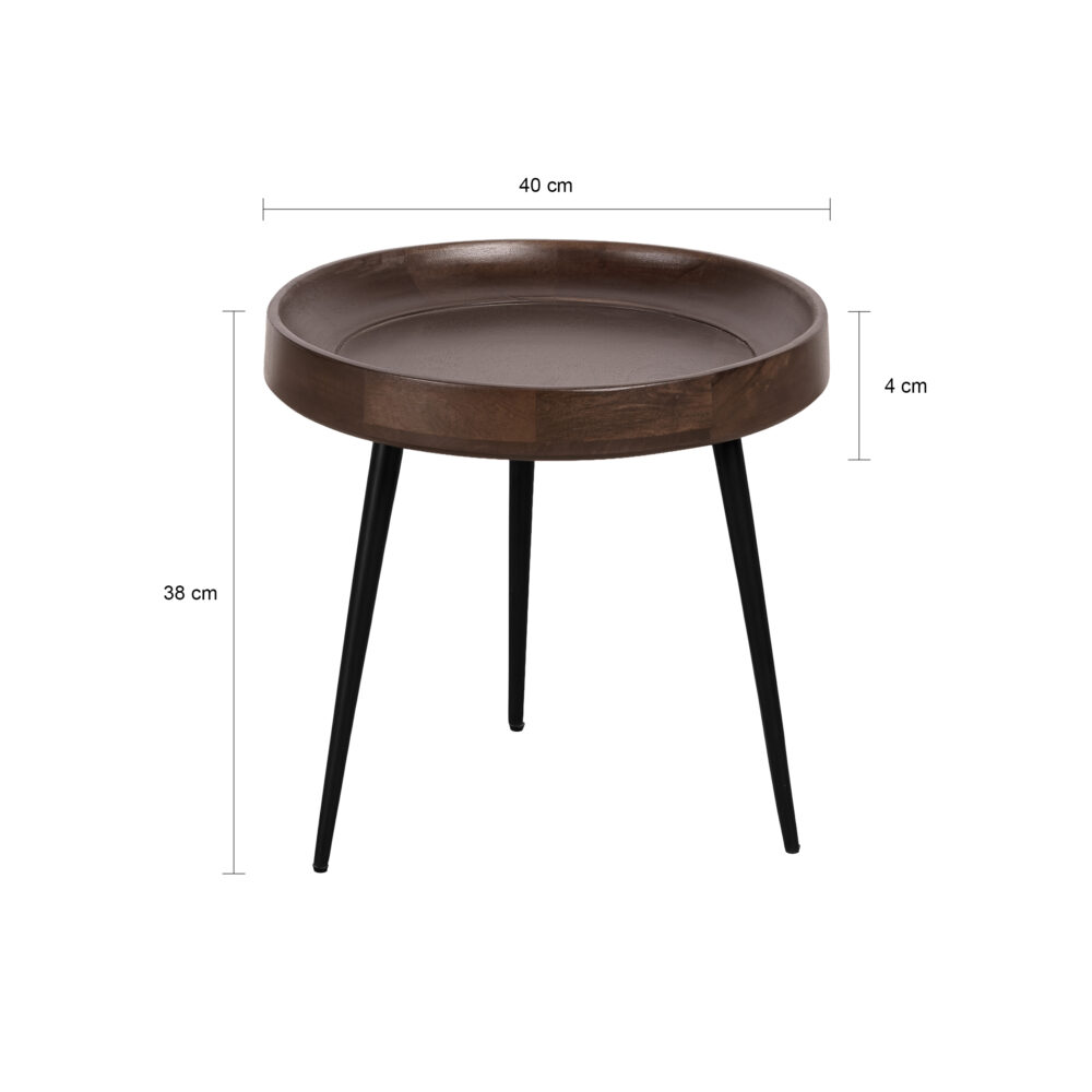 Compacte ronde bijzettafel mangohout met opstaande rand